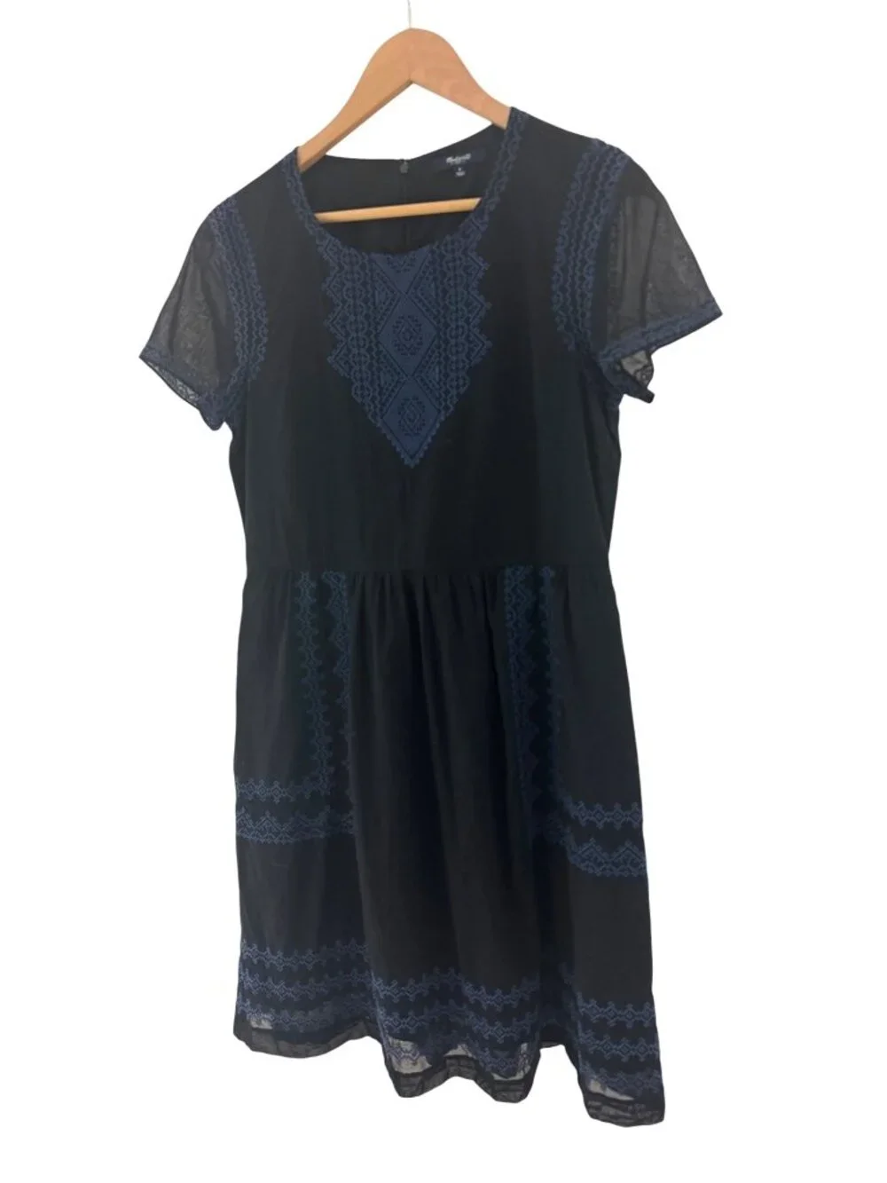Madewell Augustine Embroidered Short Sleeve Dress Black Blue Size 6 Pockets